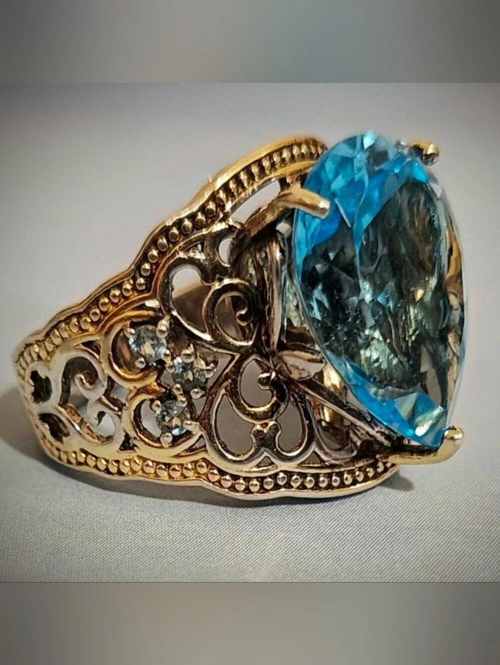 Art Deco Sterling Silver HUGE Teardrop Blue Topaz Filigree Statement Ring
